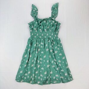 Rare Editions Dress Girls 12 Green Floral Ruffle Strap Smocked Chiffon Lined